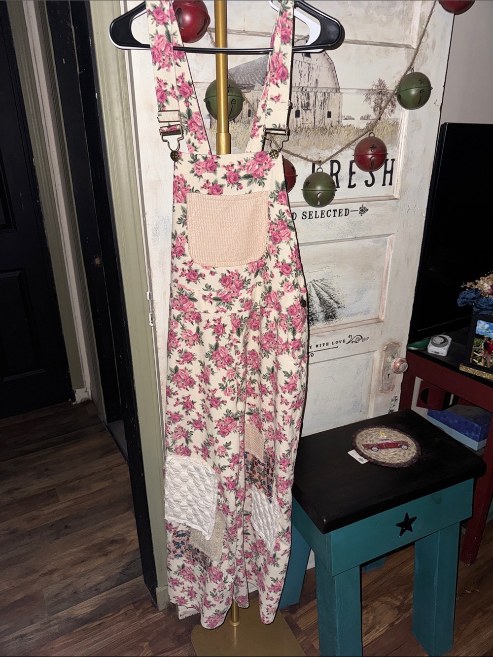 POL Cream and Pink Floral Maxi Overalls with Patchwork Details